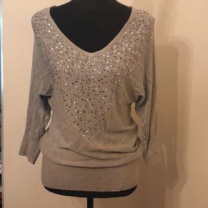 White House Black Market Light Gray Sequin V neck 3/4 Sleeve Knit Top S